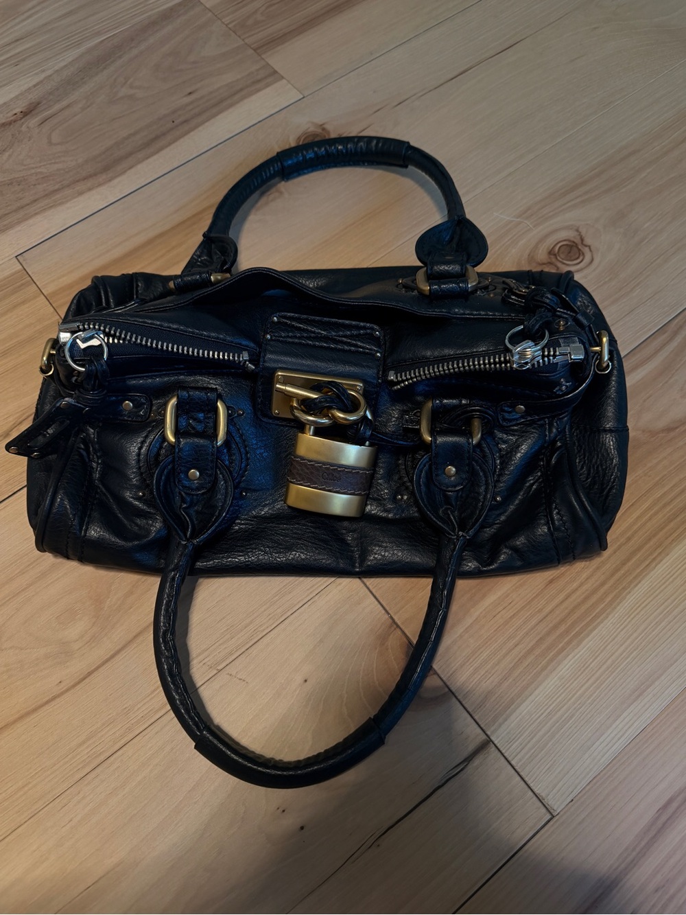 Black Leather Satchel Handbag with Gold Hardware